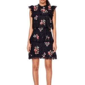 NWOT Rebecca Taylor Black Floral Lace Embroidered Ruffle Dress in Size 0